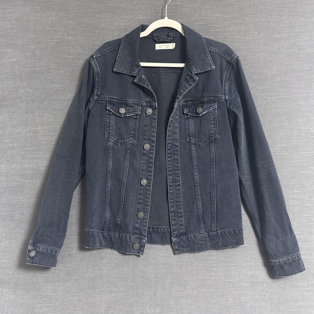 AllSaints Denim Jacket S Gray Black Mallaig Trucker Jean Designer Distressed